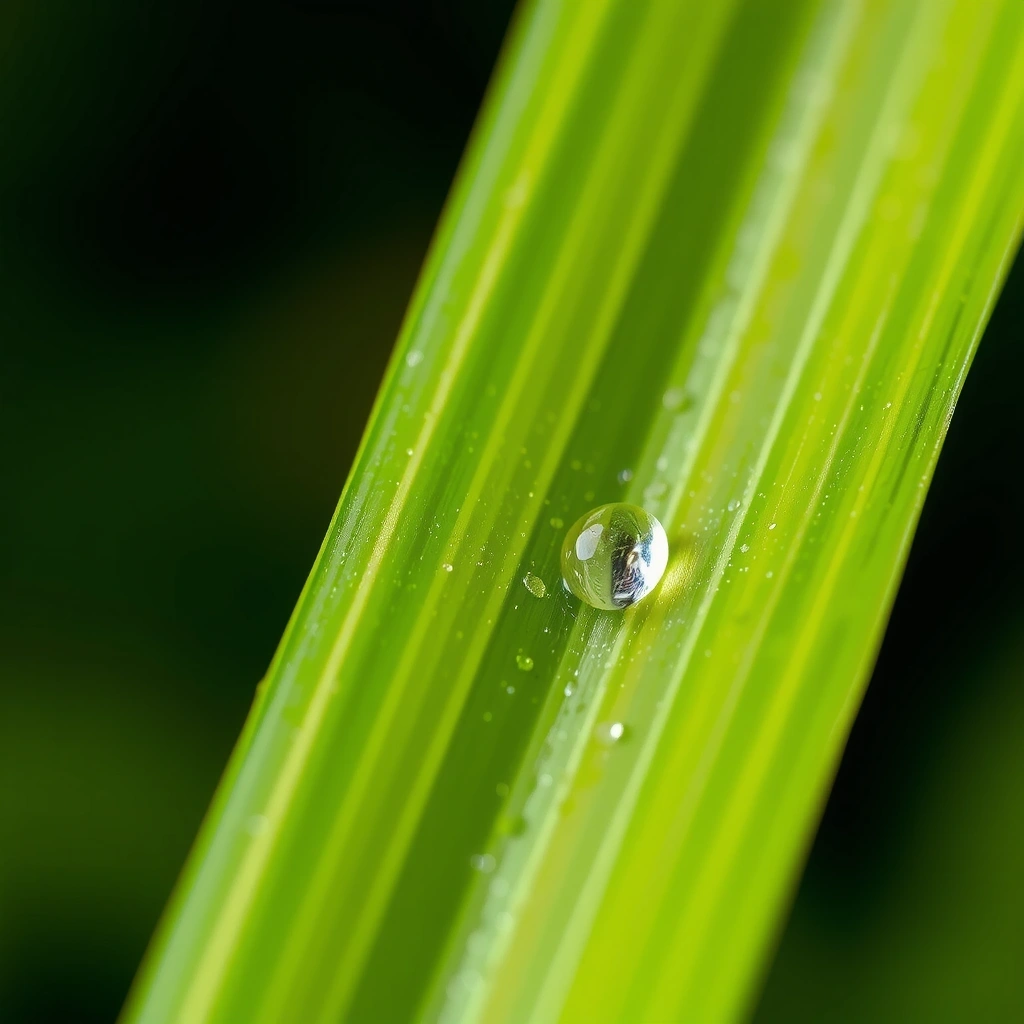 A vibrant green leaf with a dewdrop, symbolizing purity and natural ingredients.
