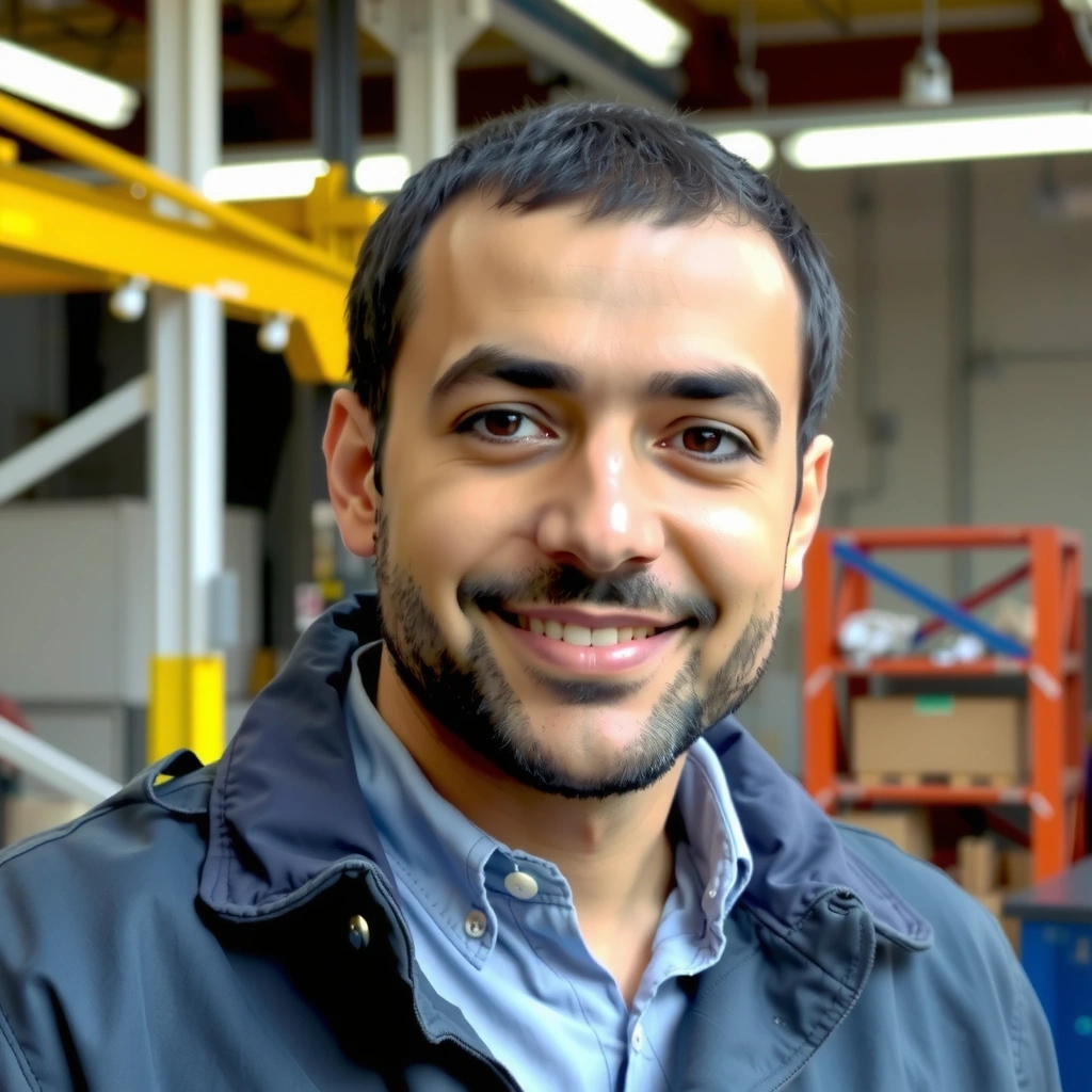 A professional headshot of a smiling, diverse male quality assurance specialist with a keen eye, in a professional setting.
